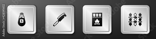 Set Salt, Meat chopper, Matchbox and matches and Grilled shish kebab icon. Silver square button. Vector