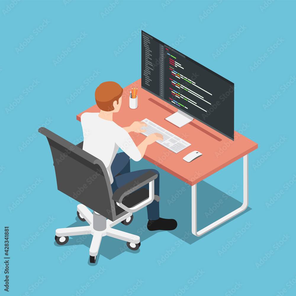 Isometric Software Developer or Programmer Coding on PC Computer Isometric Software Developer or Programmer Coding on PC Computer