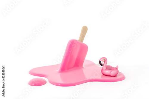 Pink stick ice cream melting with Pink Flamingo float, tropical bird shape inflatable swimming pool ring on white background 3d rendering. 3d illustration Summer minimal concept.