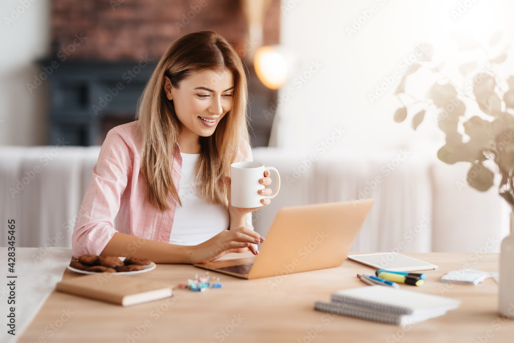 Joyous fair-haired woman working on her laptop at home Joyous fair-haired woman working on her laptop at home