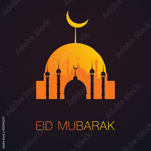 Ramadan Kareem or Eid Mubarak - Dark Greeting Card Design for Muslim Community Festival with Golden Mosque in the Dark Night