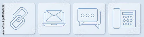 Set line Chain link, Speech bubble chat, Laptop with envelope and Telephone. White square button. Vector