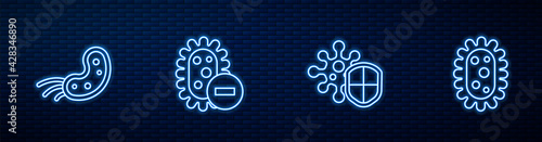 Set line Shield protecting from virus, Virus, Negative and . Glowing neon icon on brick wall. Vector
