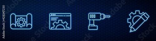 Set line Electric drill machine, Graphing paper and gear, Browser setting and Pencil. Glowing neon icon on brick wall. Vector