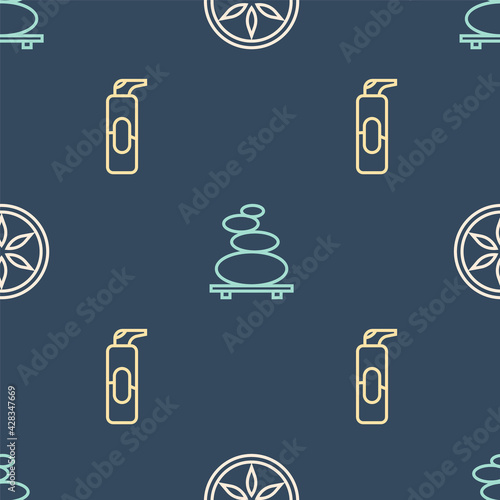 Set line Leaf plant nature, Spray can for hairspray and Stack hot stones on seamless pattern. Vector