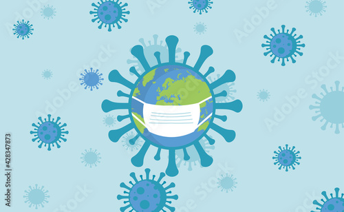 Earth with mask Concept in blue background. stay home stay save, keep physical distancing until covid19 outbreak