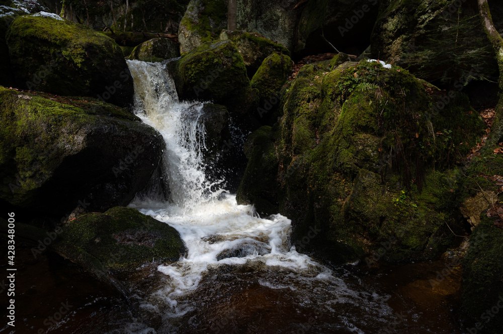 Fototapeta premium Wasserfall zwischen grünen Felsen der Ysperklamm