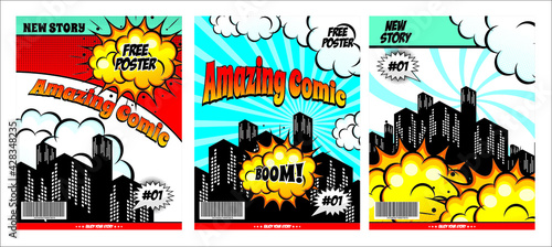 Comic cover, bubble speech, blank background template 