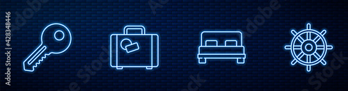 Set line Big bed, Key, Suitcase and Ship steering wheel. Glowing neon icon on brick wall. Vector