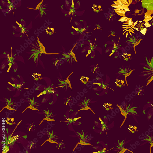 Vintage Pattern Textile. Golden Tropical Textile. Violet Floral Hibiscus. Indigo Flora Leaf. Navy Decoration Exotic. Yellow Wallpaper Background. Spring Illustration.