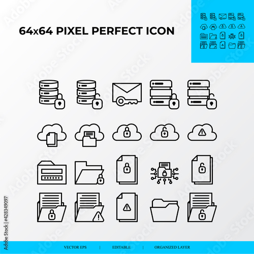 set of security and private file vector line icon style. Cloud security, big data security. 64x64 Pixel perfect