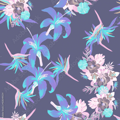 Gray Seamless Leaves. Indigo Pattern Nature. Navy Tropical Plant. White Flower Foliage. Blue Watercolor Foliage. Decoration Exotic. Navy Summer Leaf.