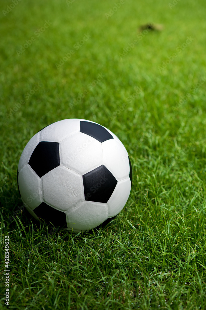 Football placed on a grass pitch in the afternoon awaiting for teams practicing or matches in a tournament.