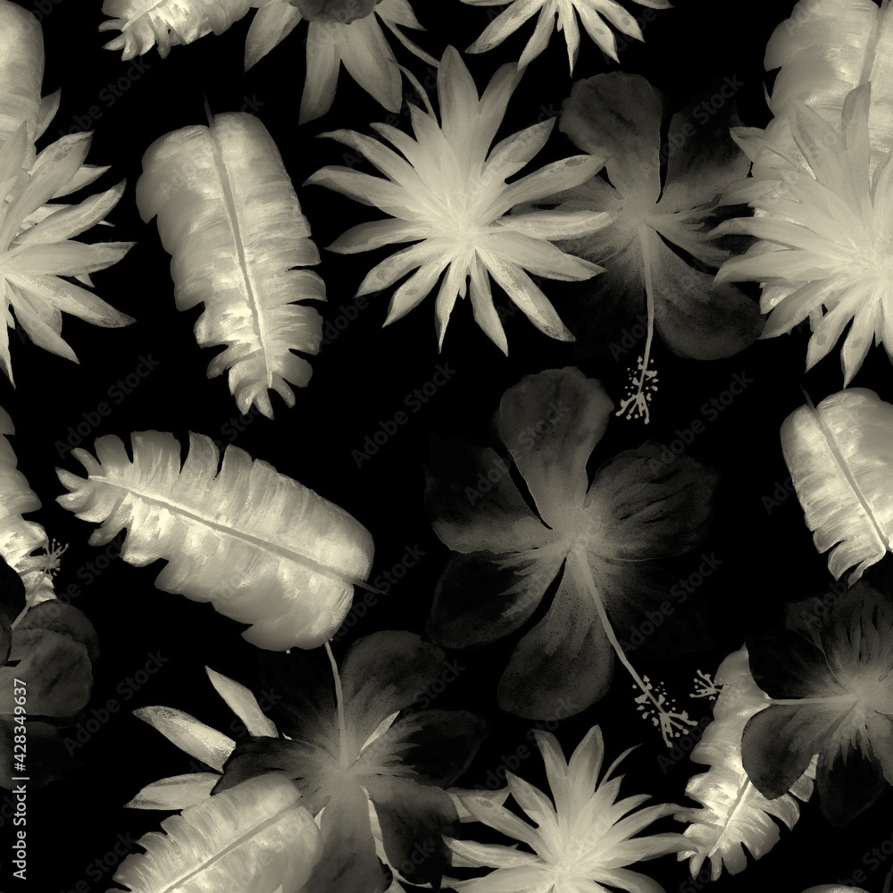 Obraz premium White Seamless Art. Gray Pattern Exotic. Black Tropical Leaf. Banana Leaves. Flower Leaves. Floral Leaf. Watercolor Palm. Decoration Hibiscus.