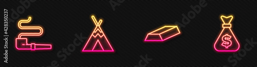 Set line Gold bars, Smoking pipe, Indian teepee or wigwam and Money bag. Glowing neon icon. Vector
