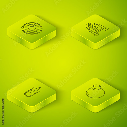 Set Isometric line Robot, Comet falling down fast, Planet and Solar system icon. Vector