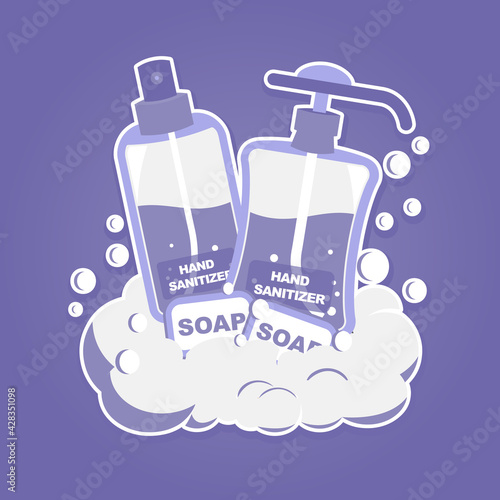 soap and hand sanitizer in flat design. purple and white concept