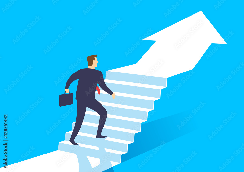 Businessman walking up arrow stairway growing to development, Business concept growth and the path to success, Flat design vector illustration