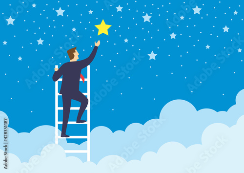 Businessman climbed high up stairs to reaching out for the stars, Growth of business concepts and awards of success, Flat design vector illustration