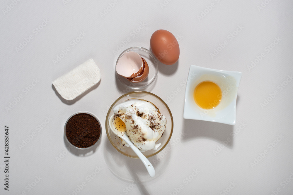 Egg White Face Mask ingredients. Whipped egg white, honey, coffee grounds. Egg White Face Mask ingredients. Whipped egg white, honey, coffee grounds.