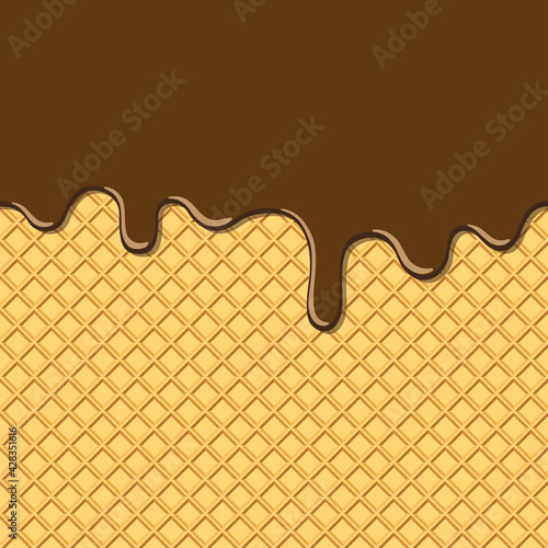 Flowing chocolate on wafer texture, Choco cream melted on waffle seamless background pattern, Minimal flat design for template banner, poster, label, Vector illustration