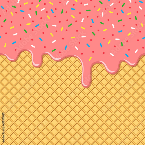 Flowing strawberry with rainbow sprinkles on wafer texture, Melted on waffle seamless background pattern, Minimal flat design for template banner, poster, label, Vector illustration