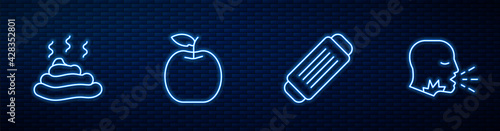 Set line Medical protective mask, Shit, Apple and Man coughing. Glowing neon icon on brick wall. Vector