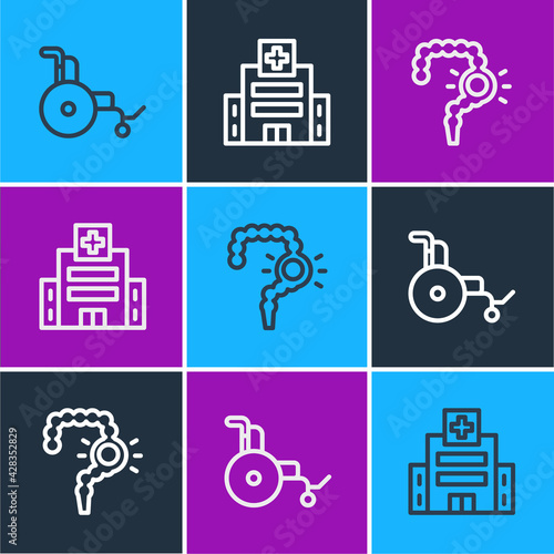 Set line Wheelchair, Gut constipation and Medical hospital building icon. Vector
