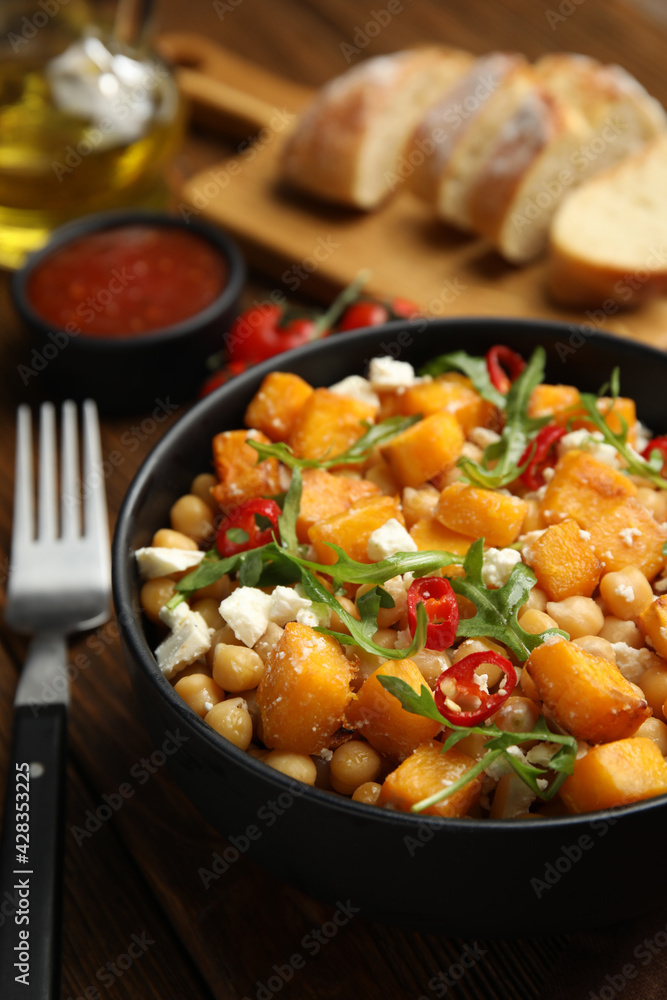 Delicious fresh chickpea salad served on table Delicious fresh chickpea salad served on table