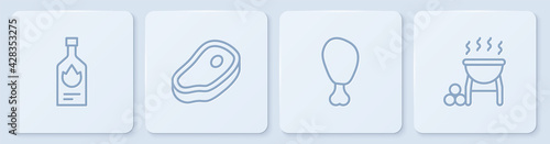 Set line Tabasco sauce, Chicken leg, Steak meat and Barbecue grill. White square button. Vector
