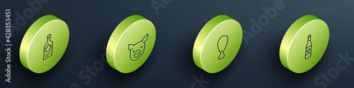 Set Isometric line Tabasco sauce, Pig, Chicken leg and Beer bottle icon. Vector