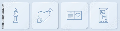 Set line Burning candle, Valentines day party flyer, Amour with heart arrow and Mobile. White square button. Vector
