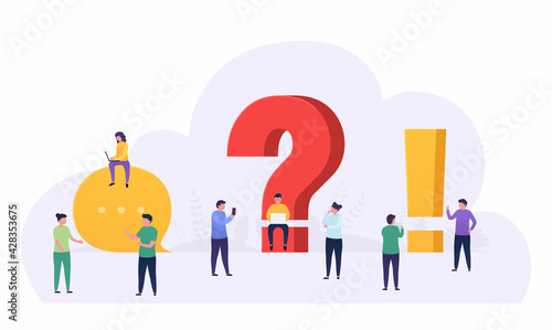 People standing near a question and exclamation mark ask questions, looking answers around big question mark, online communication. Concept online support, information search.