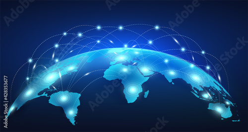 Earth map with connected global social network connections.  Satellite Internet, modern Internet data transmission technologies.