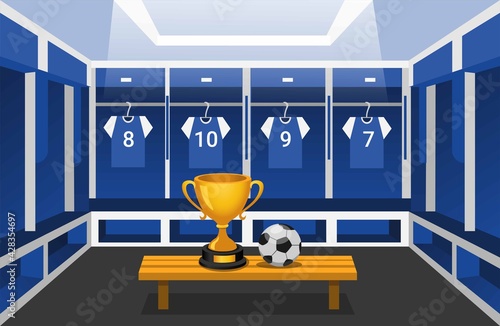 Soccer locker room with thropy and ball. wining sport team club scene concept in cartoon illustration vector