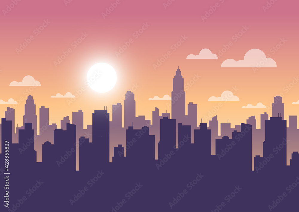 Cityscape in evening sky, City tower panorama sunset seamless background, Vector illustration