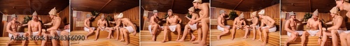 A series of photos with 4 men resting in russian sauna using oak brooms and.