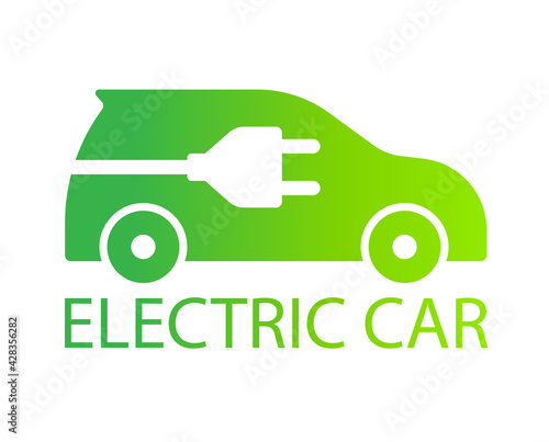 Electric car with plug icon symbol, EV car, Green hybrid vehicles charging point logotype, Eco friendly vehicle concept, Vector illustration