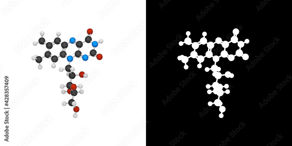 Vitamin B2(Riboflavin). Also known as Vitamin G, vactochrome, lactoflavin. Formula: C17H20N4O6. 3D illustration. Chemical structure model: Ball and Stick. RGB + Alpha(Transparent) channel. Vitamin B2(Riboflavin). Also known as Vitamin G, vactochrome, lactoflavin. Formula: C17H20N4O6. 3D illustration. Chemical structure model: Ball and Stick. RGB + Alpha(Transparent) channel.