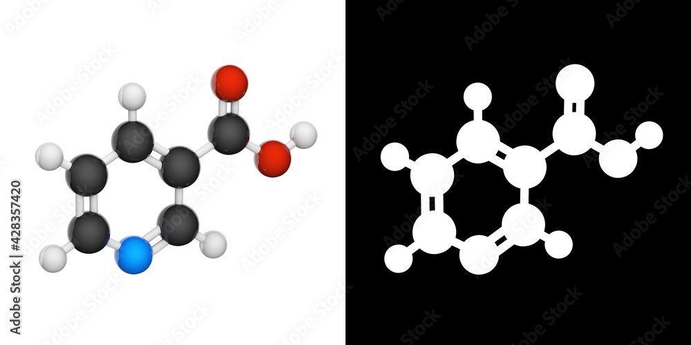 Vitamin B3(Nicotinamide). Also known as nicotinic acid. 3D illustration. Chemical structure model: Ball and Stick. RGB + Alpha(Transparent) channel.