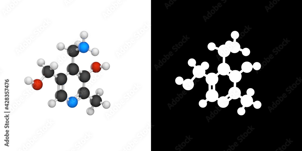 Molecular structure of Vitamin B6 (Pyridoxamine). 3D illustration. Chemical structure model: Ball and Stick. RGB + Alpha(Transparent) channel.
