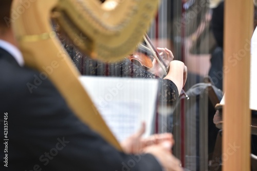 Tableau sur toile violin during concert view through harp with hands of musicians