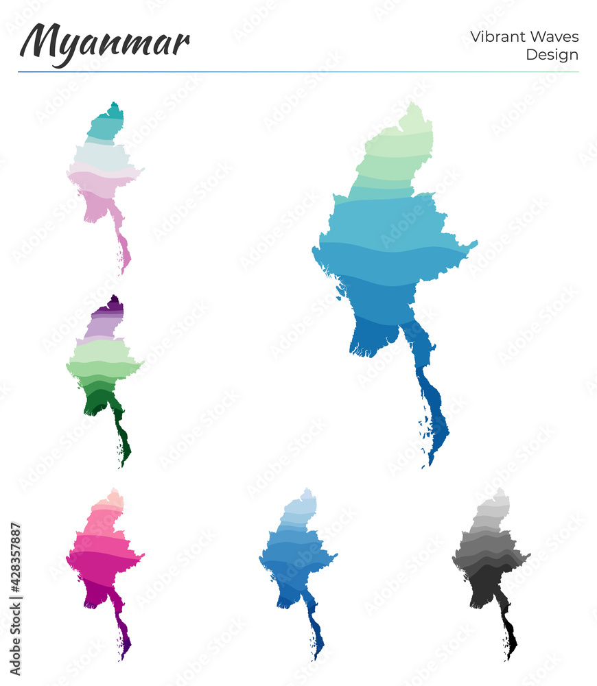 Set of vector maps of Myanmar. Vibrant waves design. Bright map of ...