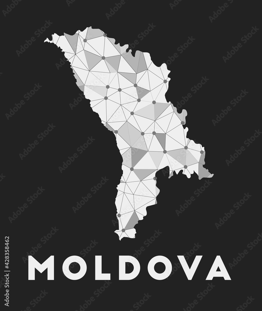 Moldova - communication network map of country. Moldova trendy geometric design on dark background. Technology, internet, network, telecommunication concept. Vector illustration.