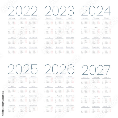Simple english calendar 2022 - 2027 on white background. Vector illustration