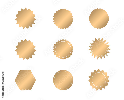 Set of gold starburst. Gold blank stickers. Sunburst badges, labels, sale tags. Design elements. Vector illustration