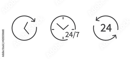Set of Time and clock line icons isolated on white background. 24-7 service icon. Flat design. Vector illustration.