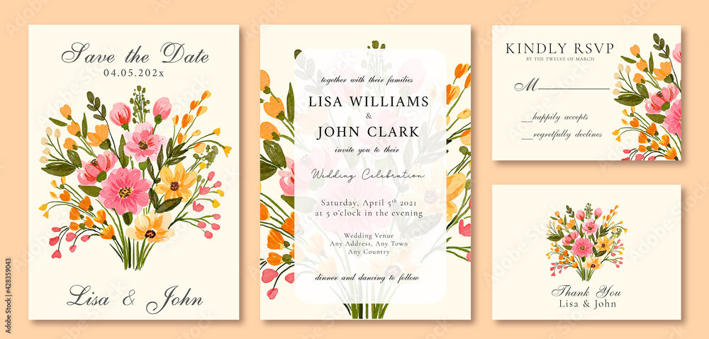 Watercolor Wedding Invitation Floral Bouquet Spring Pink and Yellow 