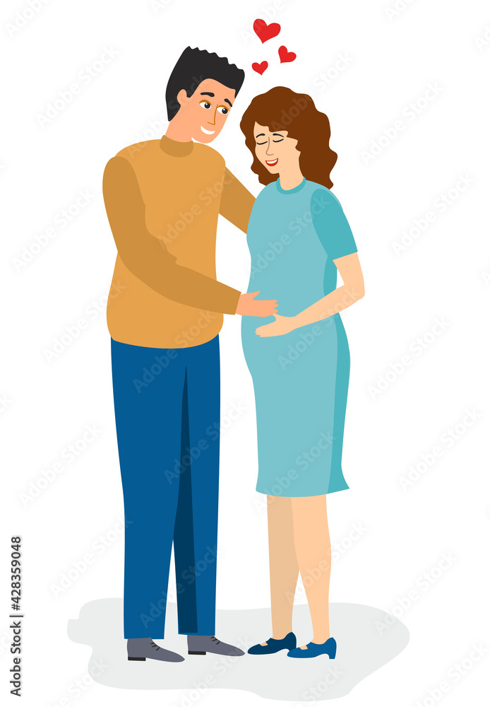 Pregnant woman. Couple in love. Happy expecting couple baby. Man hold wife, isolated flat young family vector characters.