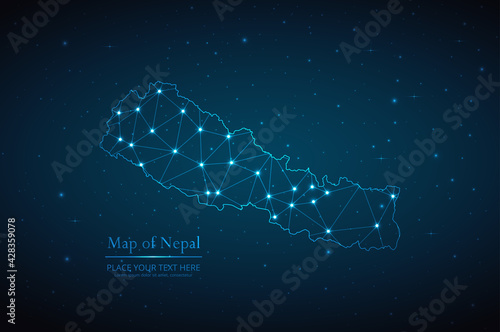 Abstract map of Nepal geometric mesh polygonal network line, structure and point scales on dark background. Vector illustration eps 10